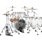 Mapex Saturn drum kit in fast satin white with 22-inch bass, 10-inch tom, 2-floor toms, 4x6 and 6x8 drums, and cymbals.
