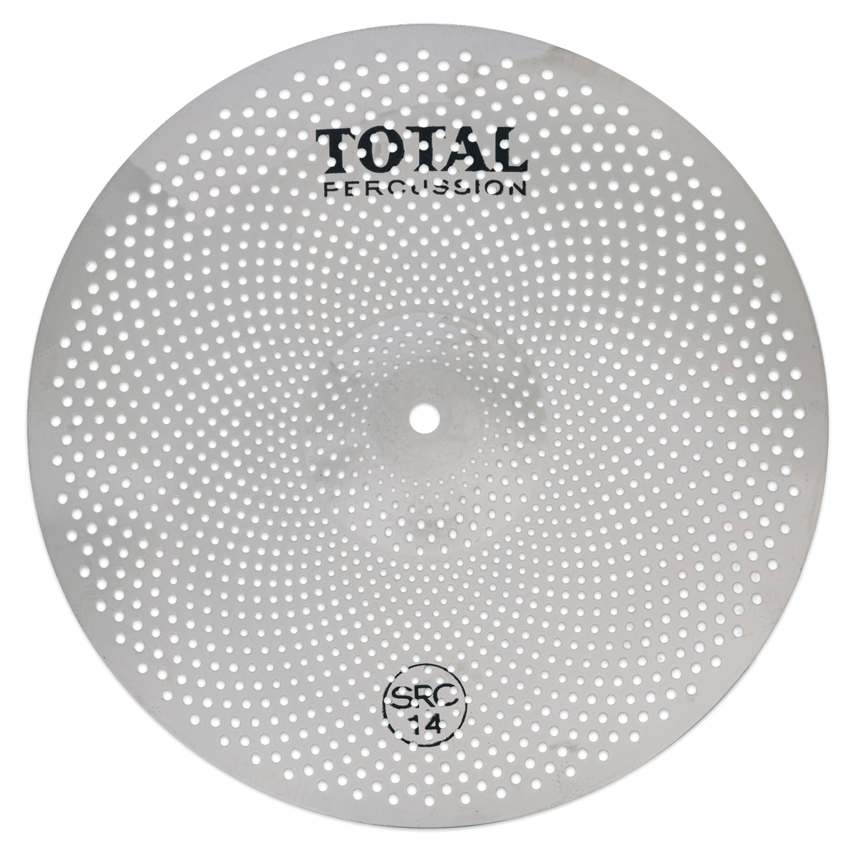 Total Percussion SRC14 14-inch crash cymbal with a shiny, metallic surface and detailed hammer marks, designed for drum kits.