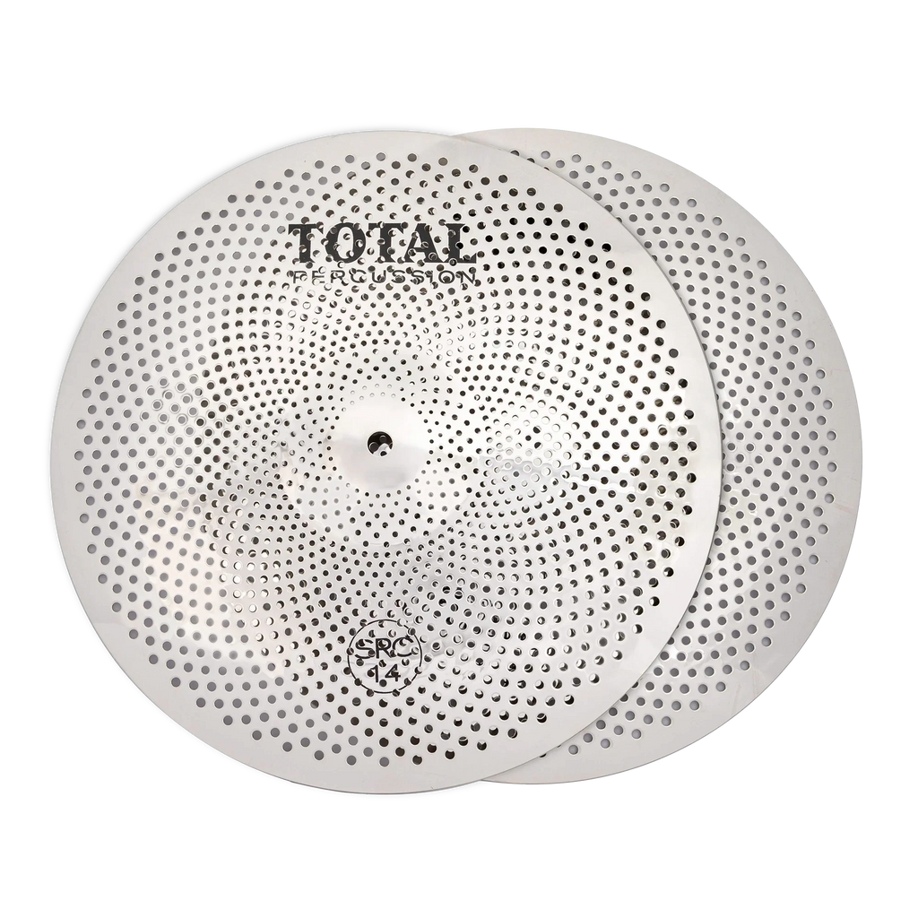Total Percussion 14-inch silver hi-hat cymbals, sound reduction pair, showing the front view of the single cymbals on a stand.