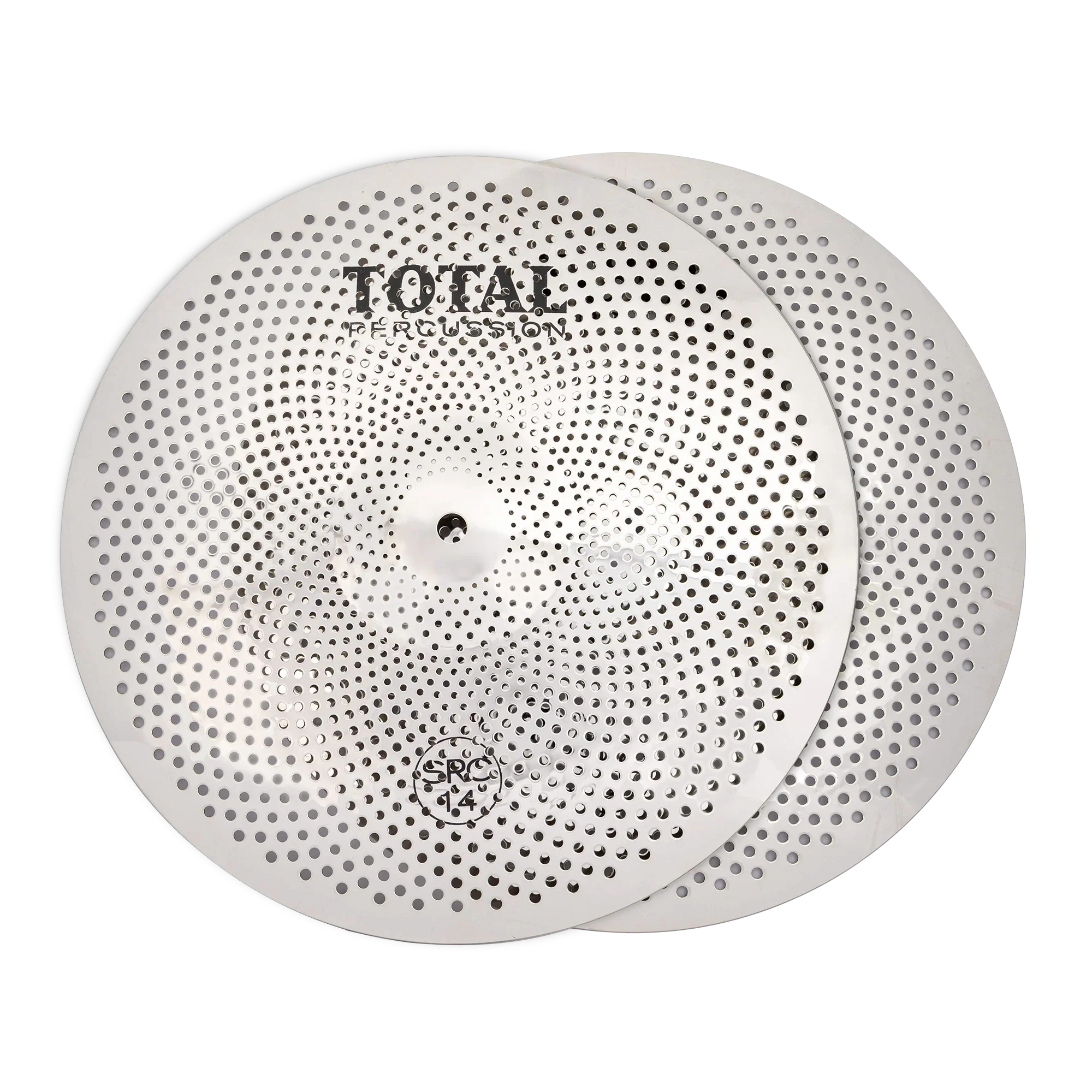 Total Percussion 14-inch silver hi-hat cymbals, sound reduction pair, showing the front view of the single cymbals on a stand.