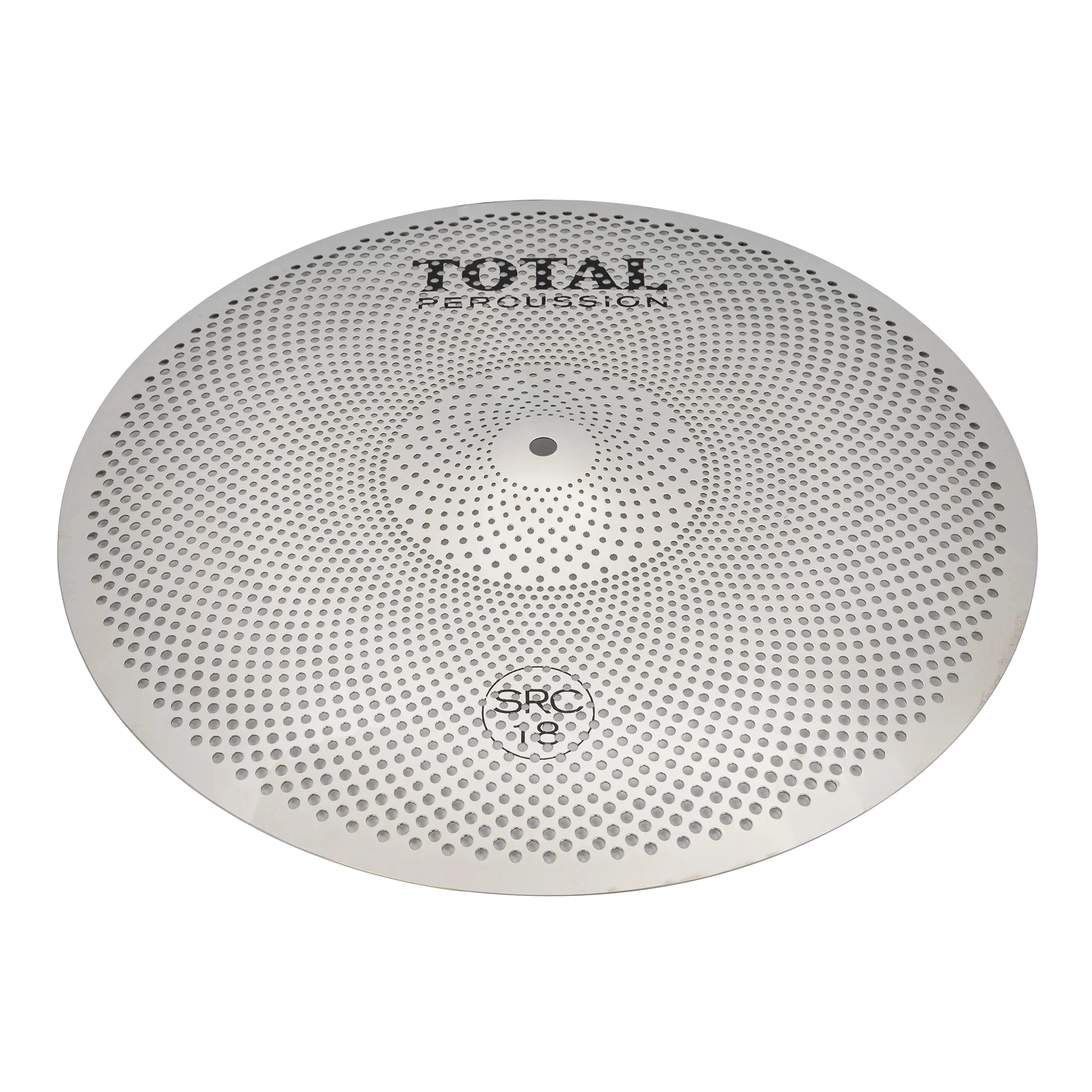 Total Percussion 18-inch polished silver sound reduction cymbal, single cymbal with a shiny, reflective finish and smooth surface.
