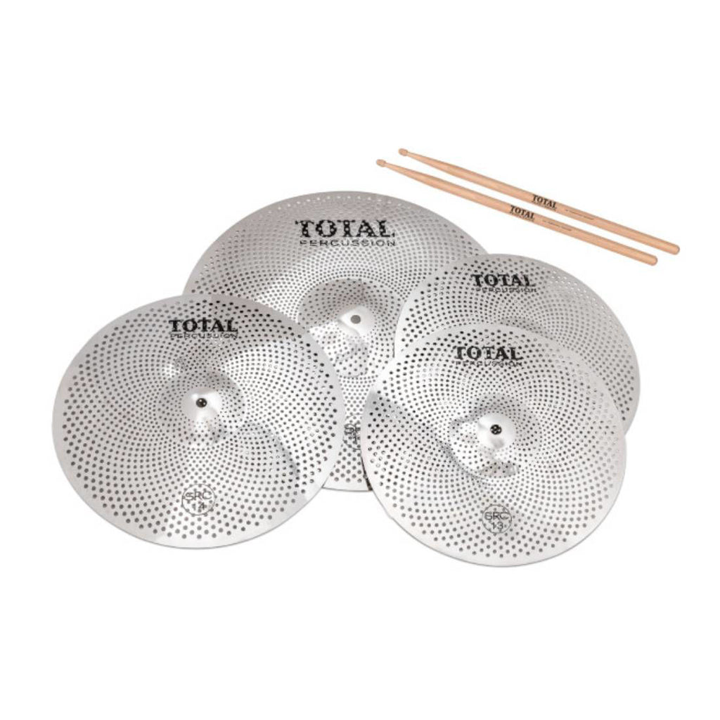 Total Percussion SRC50 cymbal sound reduction box set with 14, 16, and 20-inch cymbals in a protective pack.