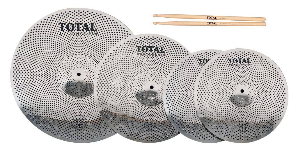 Total Percussion SRC50 cymbal sound reduction box set with 14, 16, and 20-inch cymbal packs, shown in the image.