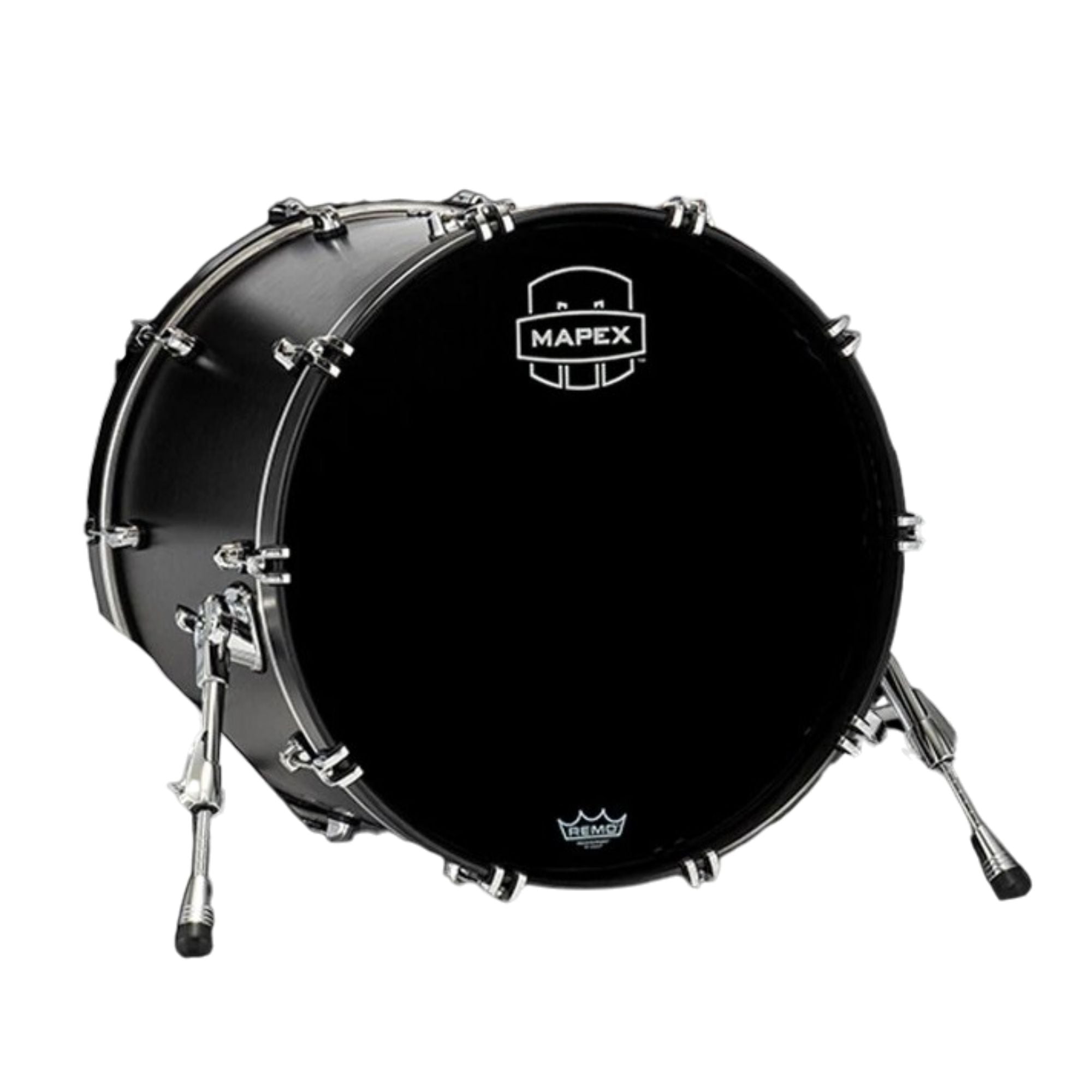Mapex Saturn 18x16 satin black bass drum, single drum with a sleek black finish, featuring chrome hardware and drumheads.
