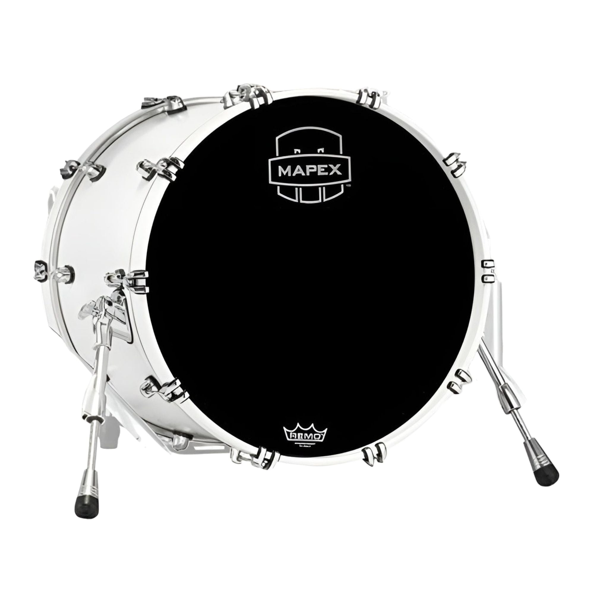 Mapex Saturn 18x16 satin white bass drum with single drum design, featuring a sleek satin white finish and detailed drum hardware.