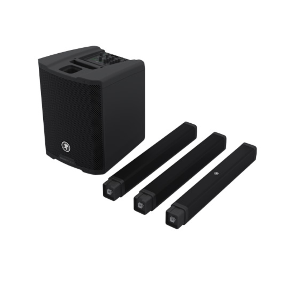 Mackie SRM-Flex portable column PA speaker system with multiple speaker sections and integrated handles for easy transport.