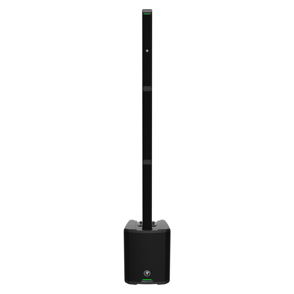 Mackie SRM-Flex portable column PA speaker system with sleek design and multiple speaker components for high-quality sound.