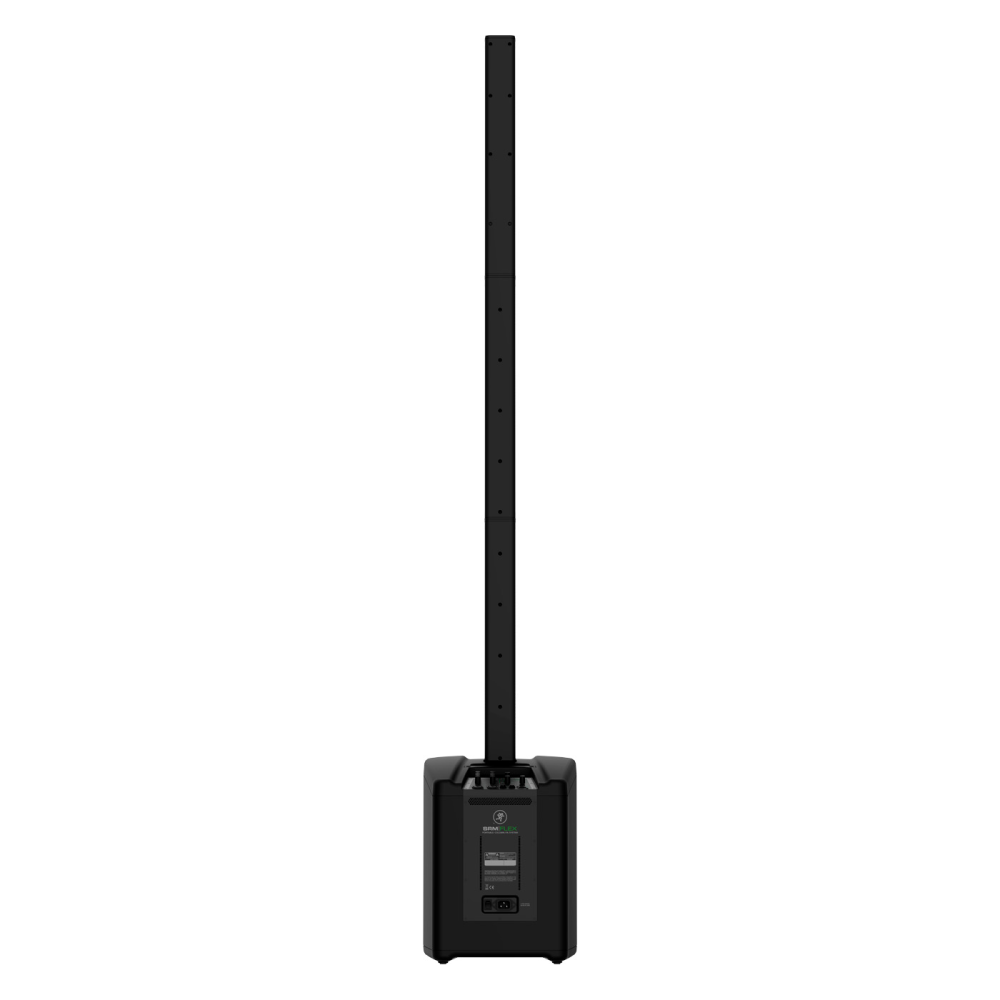 Mackie SRM-Flex portable column PA speaker system with integrated handles and control panel for adjustable sound output.