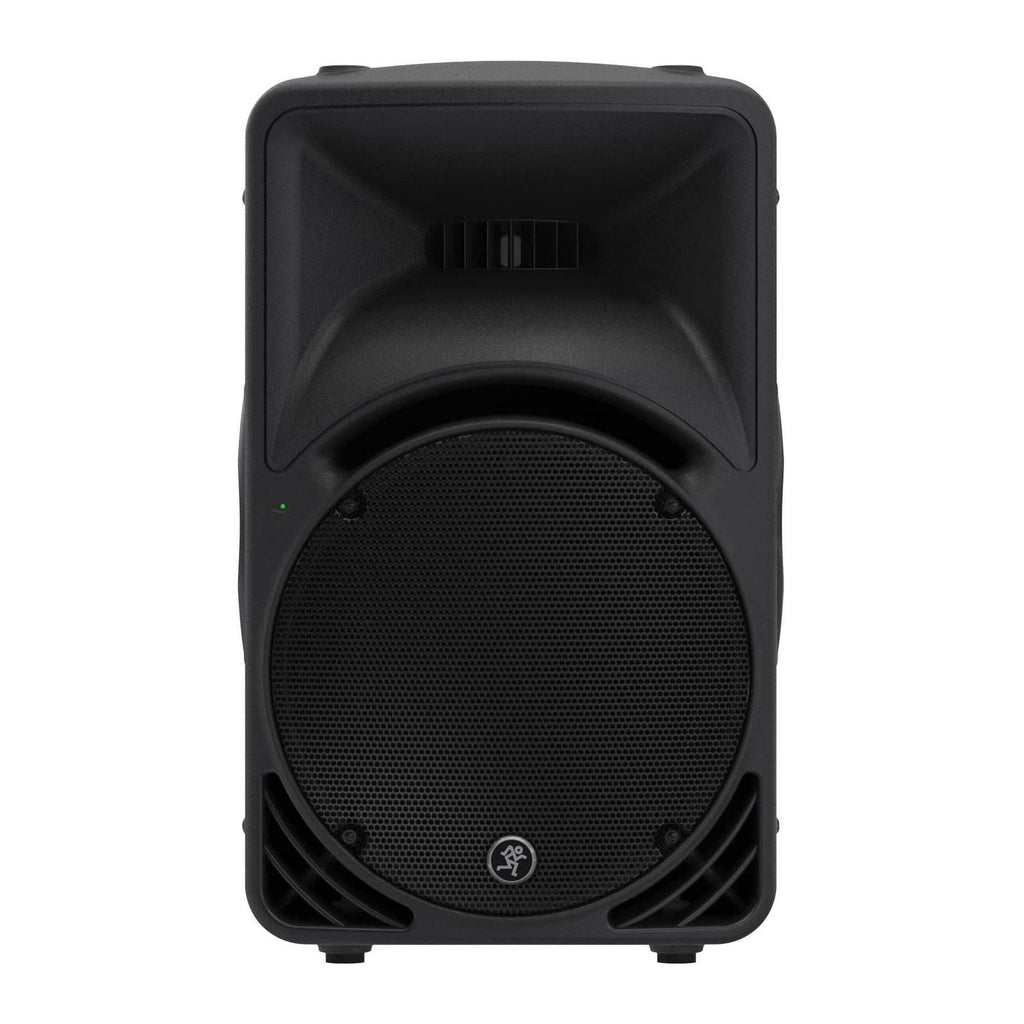 Mackie SRM450V3 12-inch powered PA speaker with control panel and grille, ideal for live sound reinforcement.