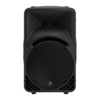 Mackie SRM450V3 12-inch powered PA speaker with control panel and grille, ideal for live sound reinforcement.