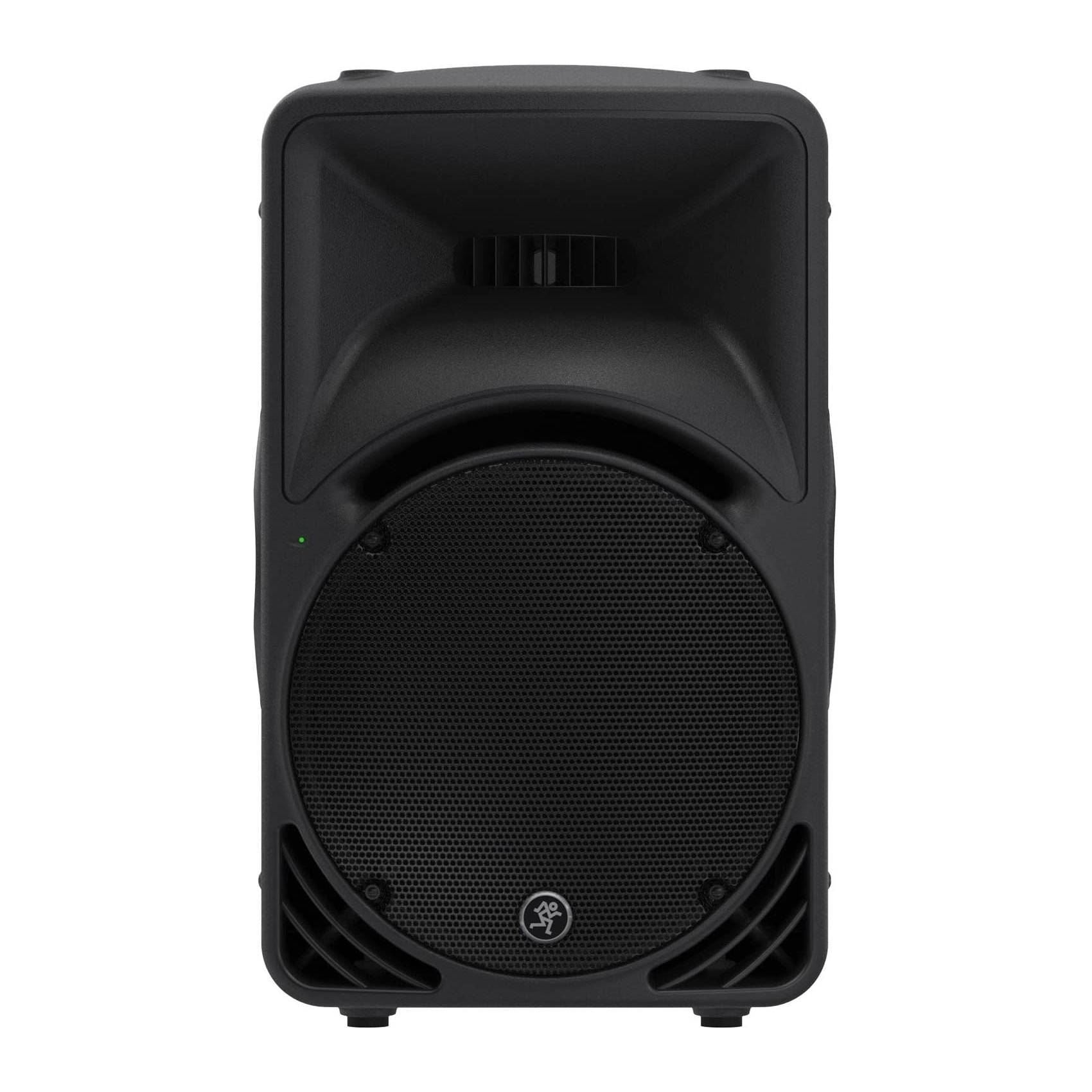 Mackie SRM450V3 12-inch powered PA speaker with control panel and grille, ideal for live sound reinforcement.