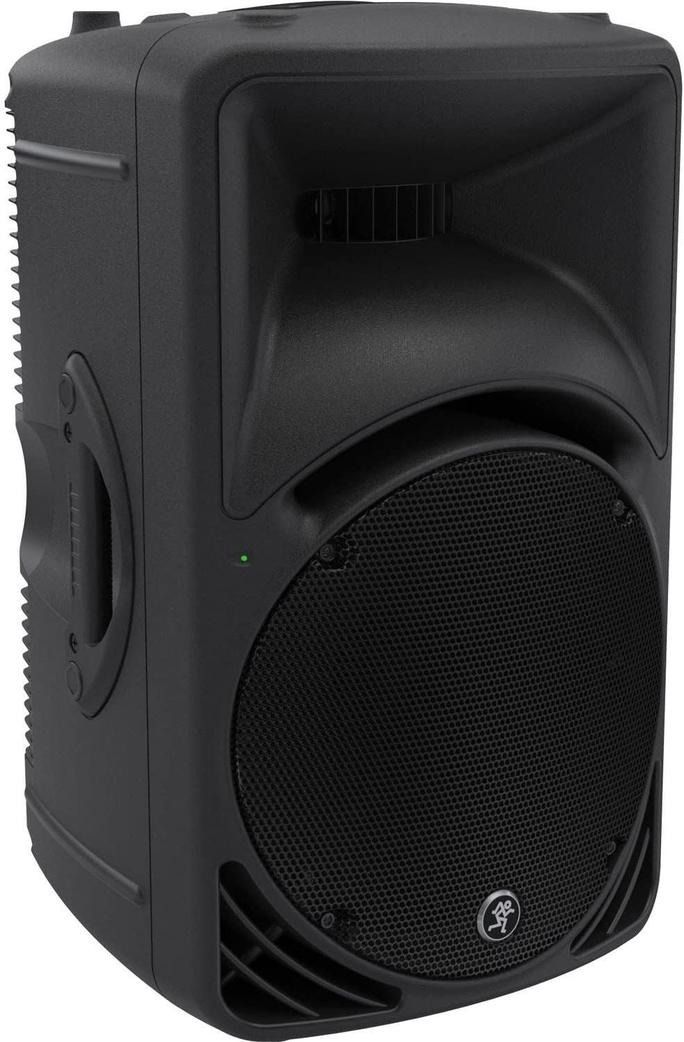 Mackie SRM450V3 12-inch powered PA speaker with rugged design and control panel, ideal for live sound reinforcement.