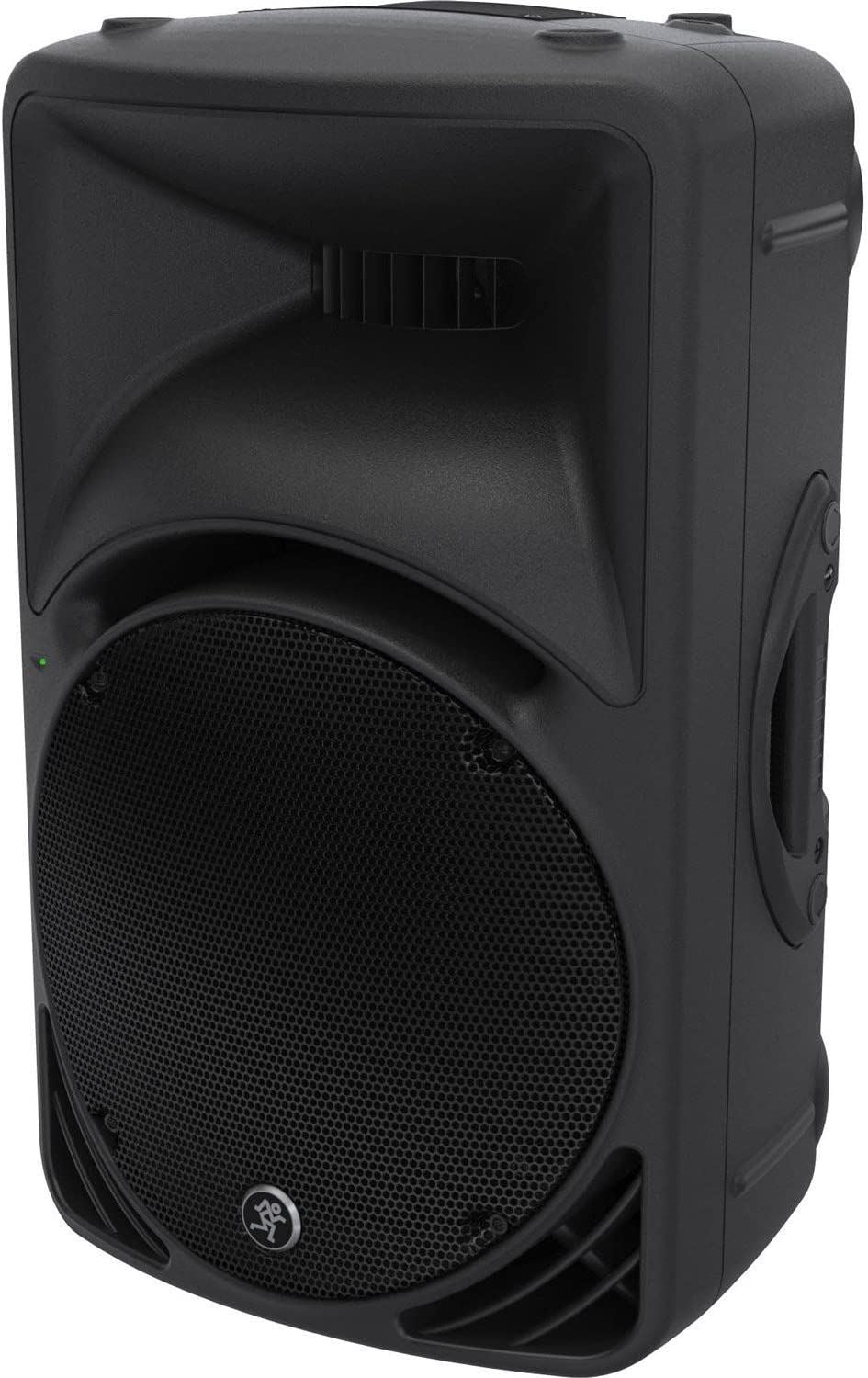 Mackie SRM450V3 12-inch powered PA speaker with speaker grille and control panel, designed for professional sound reinforcement.