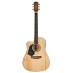 Left-handed Maton SRS60C acoustic electric guitar with a natural wood finish, showing the body, neck, and tuning pegs.