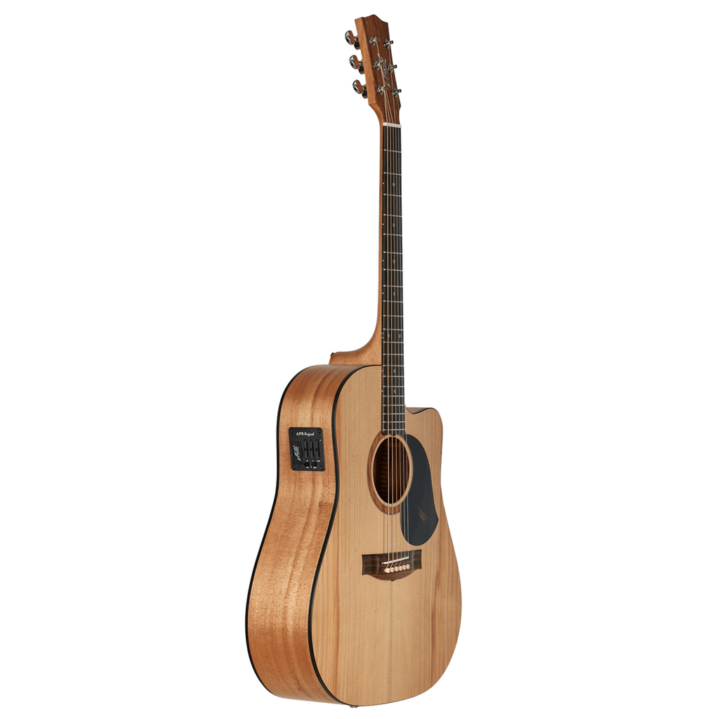 Maton SRS60c dreadnought cutaway acoustic guitar in natural satin finish, showcasing its body and detailed craftsmanship.
