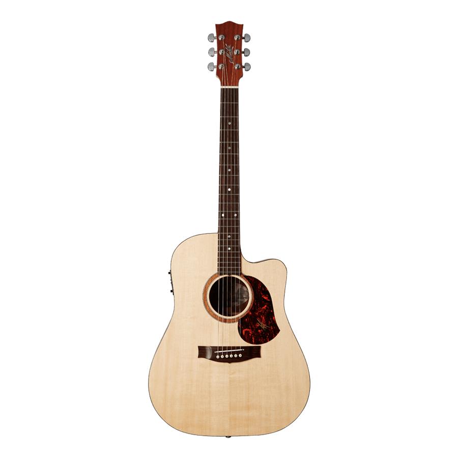 Maton SRS70c dreadnought cutaway acoustic guitar with pickup in natural satin finish, showing the body and fretboard details.