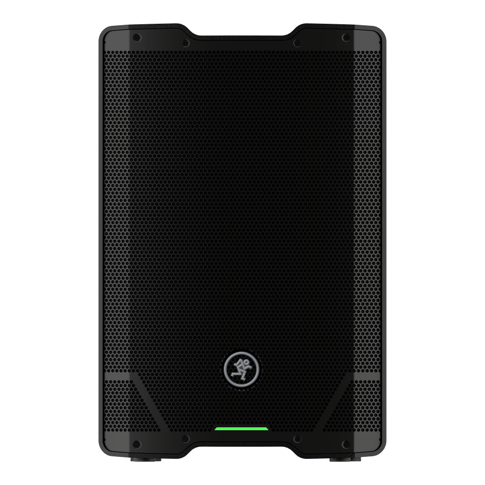 Mackie SRT210 10-inch professional powered loudspeaker with 1600W output, showcasing its sleek black design and control panel.