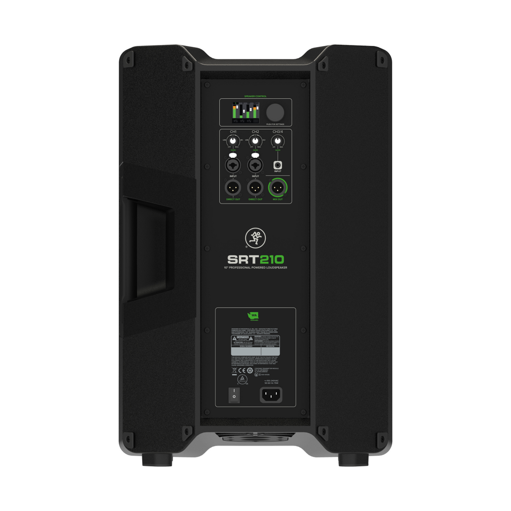 Mackie SRT210 10-inch professional powered loudspeaker with 1600W output, shown from a side angle with control panel visible.