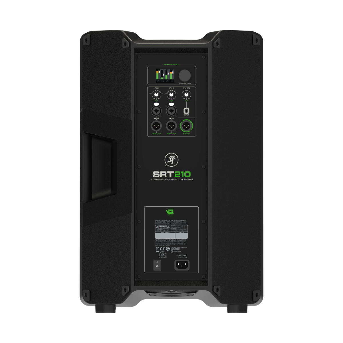 Mackie SRT210 10-inch professional powered loudspeaker with 1600W output, shown from a side angle with control panel visible.