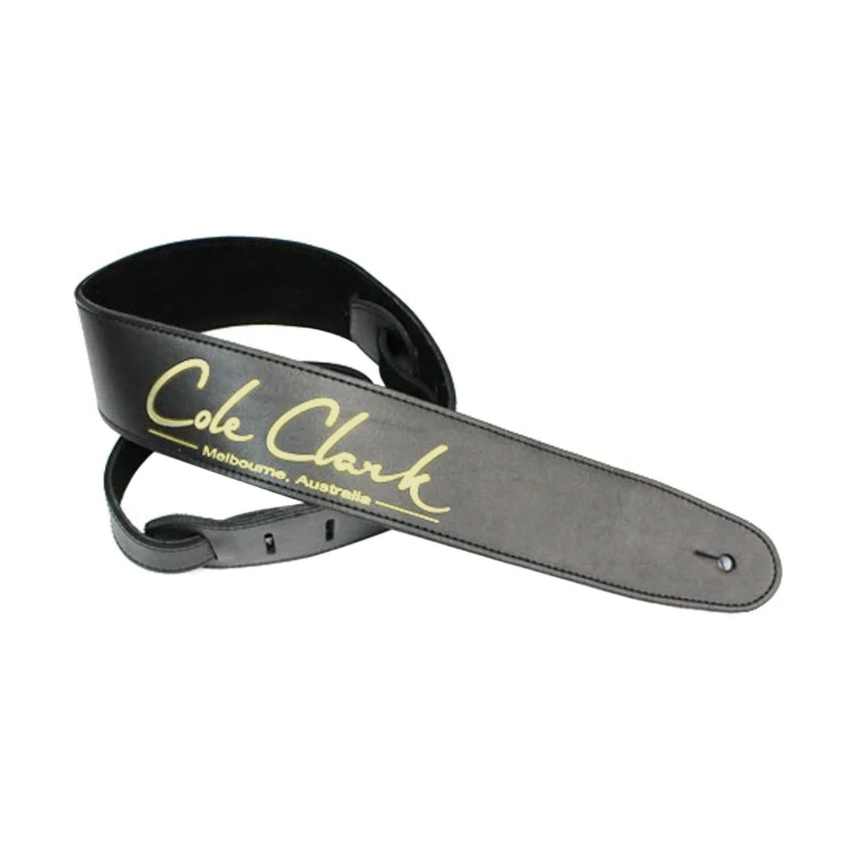 Black leather Cole Clark guitar strap with gold logo, adjustable strap for electric and acoustic guitars.