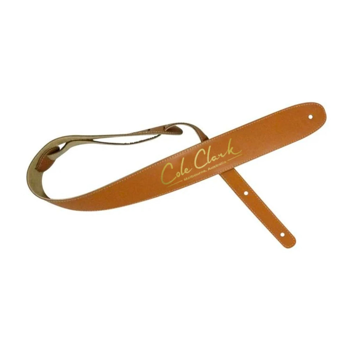 Tan leather guitar strap with gold logo from Cole Clark, featuring adjustable length and padded comfort for acoustic or electric guitars.