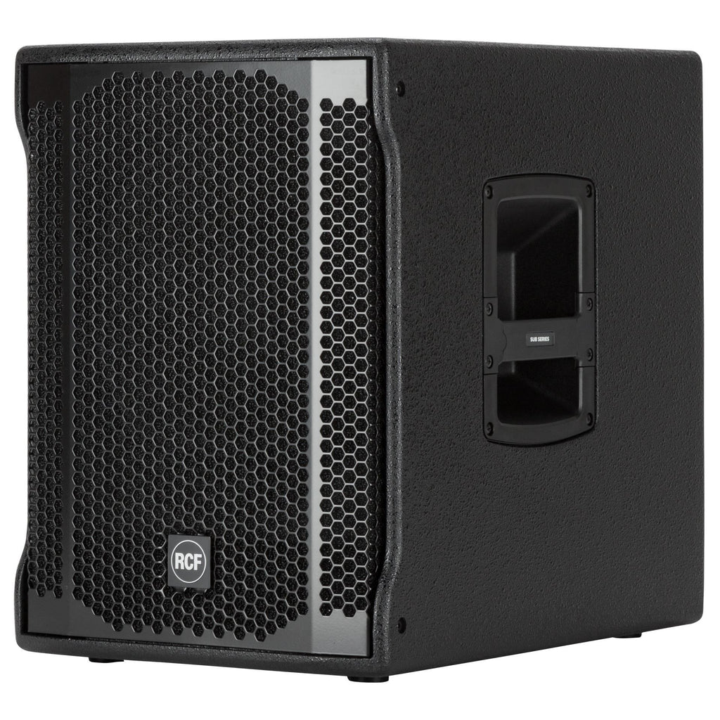 RCF SUB 702-AS MK2 12-inch powered subwoofer with sleek black enclosure and control panel, designed for high-performance sound reinforcement.
