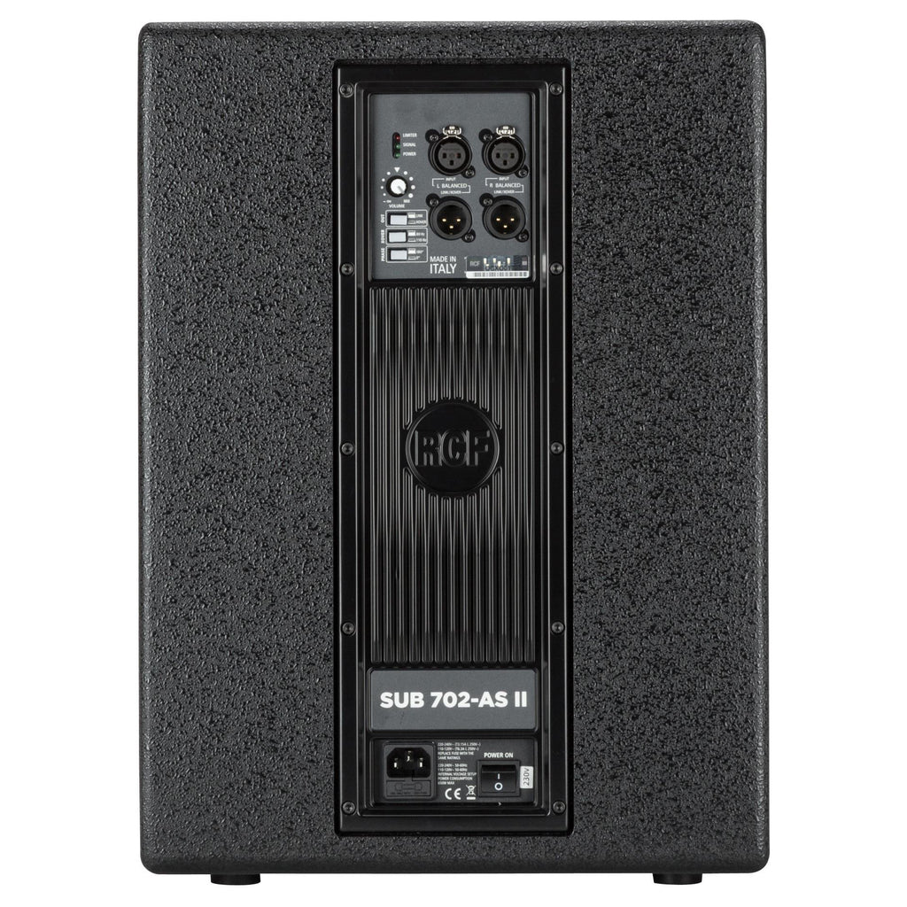 RCF SUB 702-AS MK2 12-inch powered subwoofer showing sleek black enclosure and control panel for enhanced bass sound.