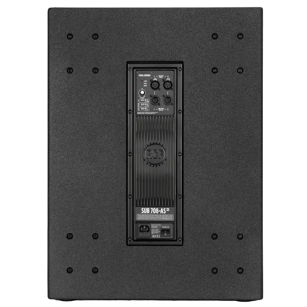 RCF SUB708ASMK3 18-inch powered subwoofer showing its front grille and control panel for powered speaker setup.