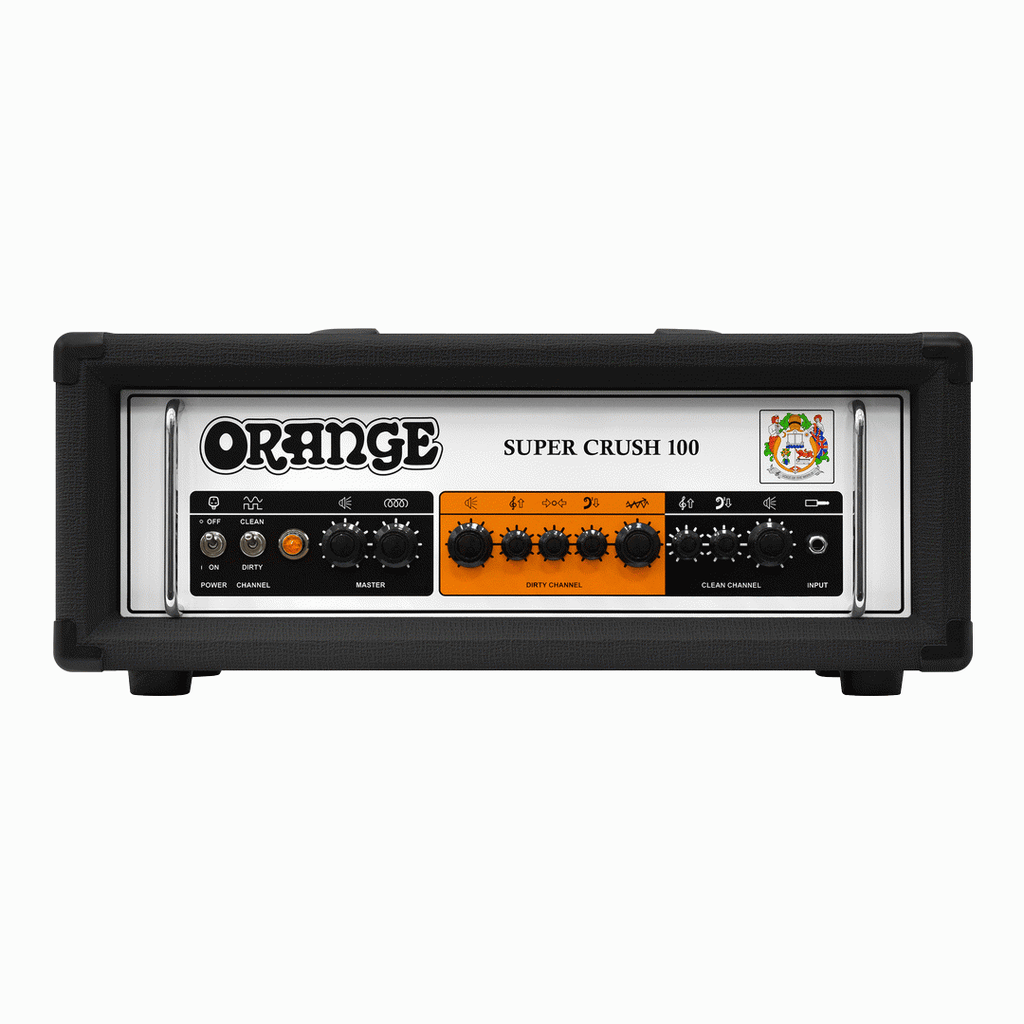 Orange Super Crush 100 guitar amplifier head in black, featuring control knobs and input jacks for electric guitar amplification.