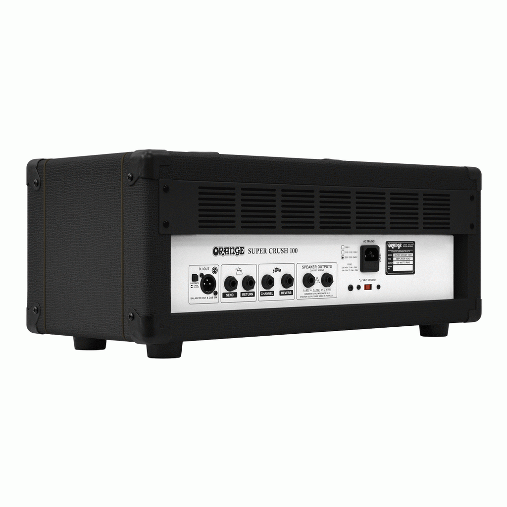 Orange Super Crush 100 guitar amplifier head in black, featuring control knobs and sturdy build for electric guitar sound.