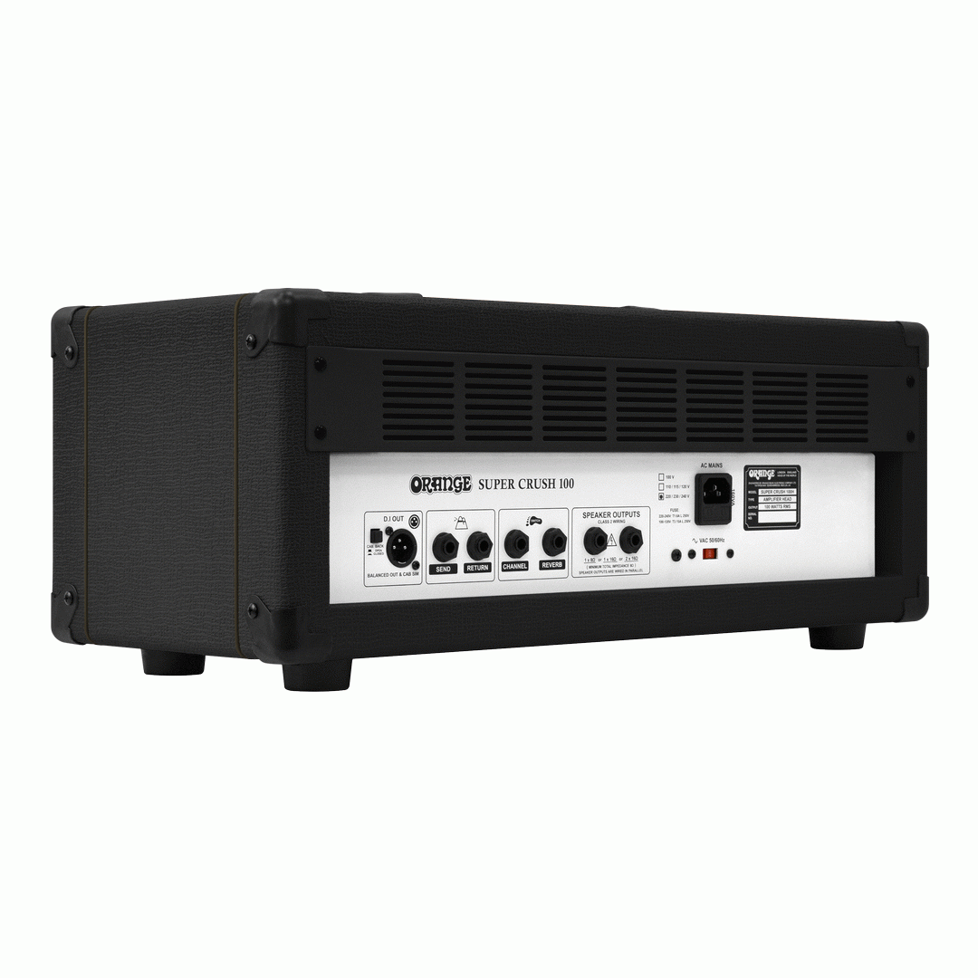Orange Super Crush 100 guitar amplifier head in black, featuring control knobs and sturdy build for electric guitar sound.