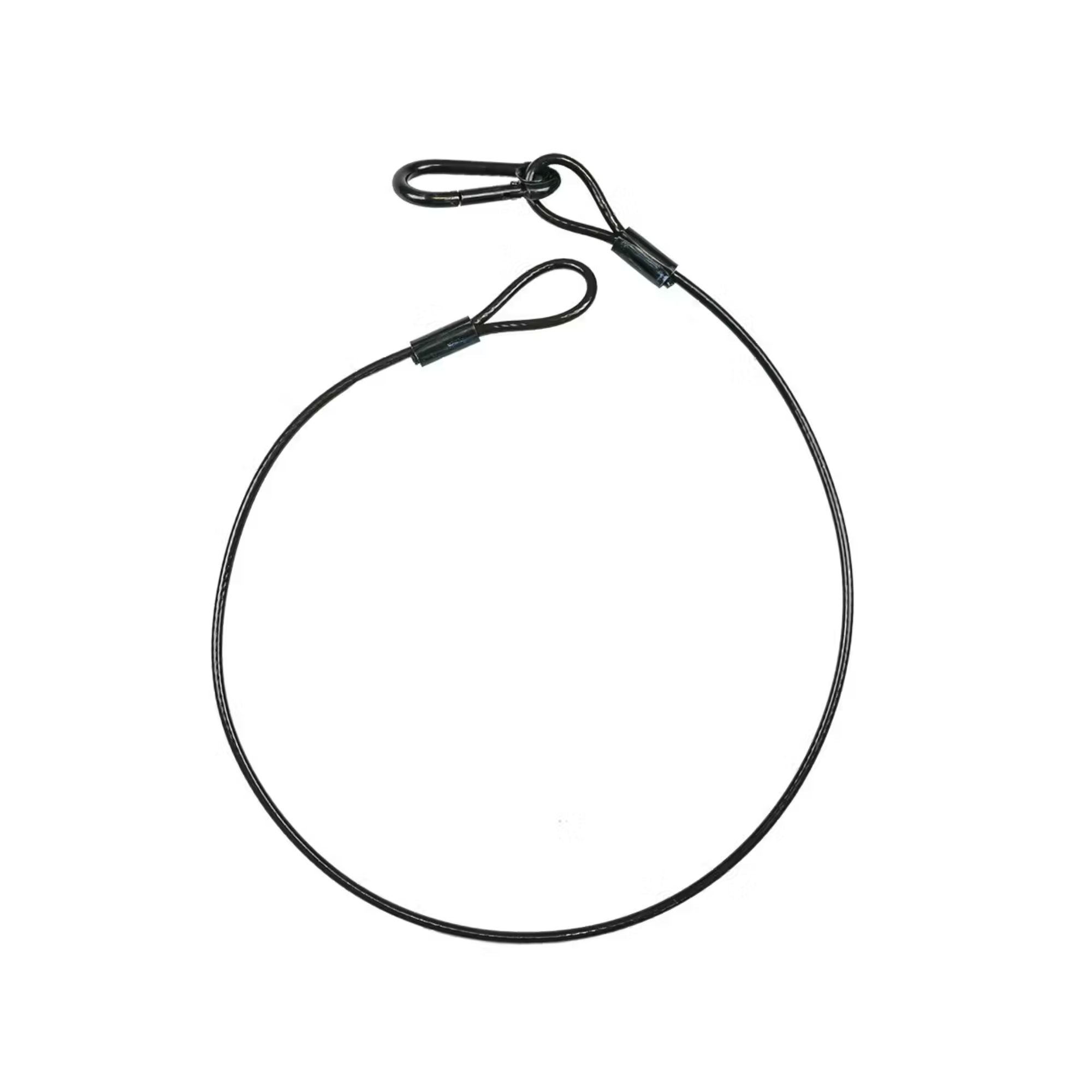 Black 4mm safety wire with captive screw carabiner from Event Lighting, PVC coated, rated 120kg for secure PA equipment safety.