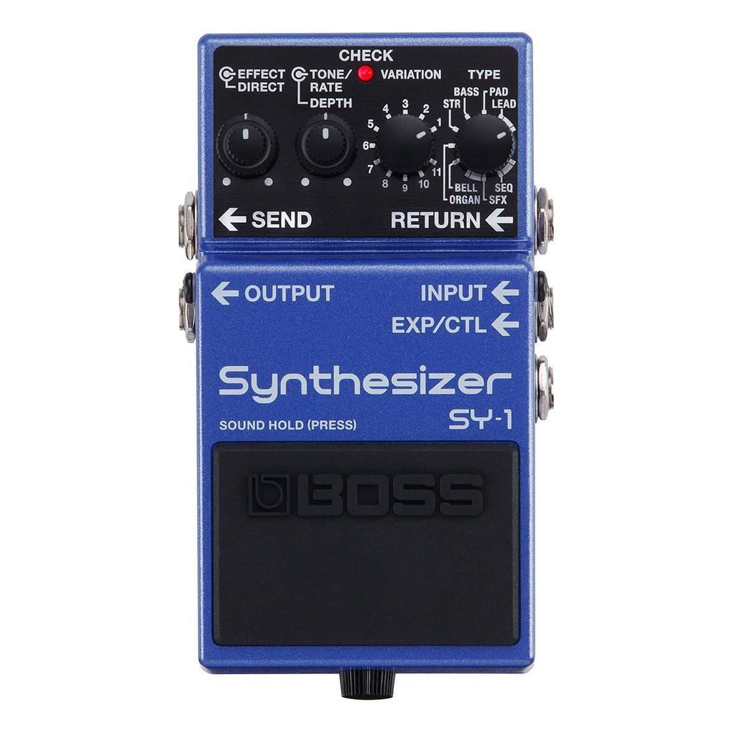 BOSS SY-1 synthesizer effects pedal with control knobs and input/output jacks, designed for guitar and keyboard effects.