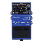 BOSS SY-1 synthesizer effects pedal with control knobs and input/output jacks, designed for guitar and keyboard effects.