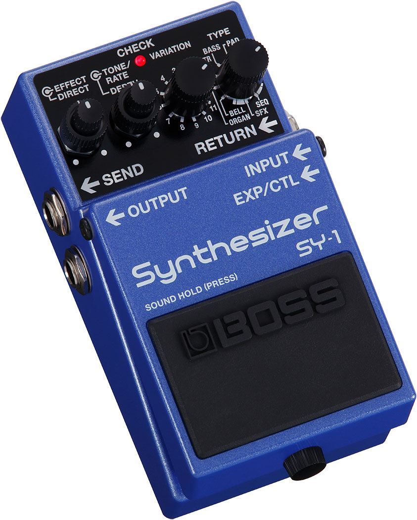 BOSS SY-1 Synthesizer Effects Pedal with various control knobs and input/output jacks on a pedalboard.