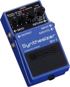 BOSS SY-1 Synthesizer Effects Pedal with various control knobs and input/output jacks on a pedalboard.