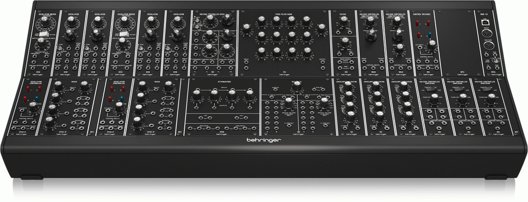 Behringer Rd-8 MkII analog drum machine synthesizer keyboard with control knobs and digital interface.