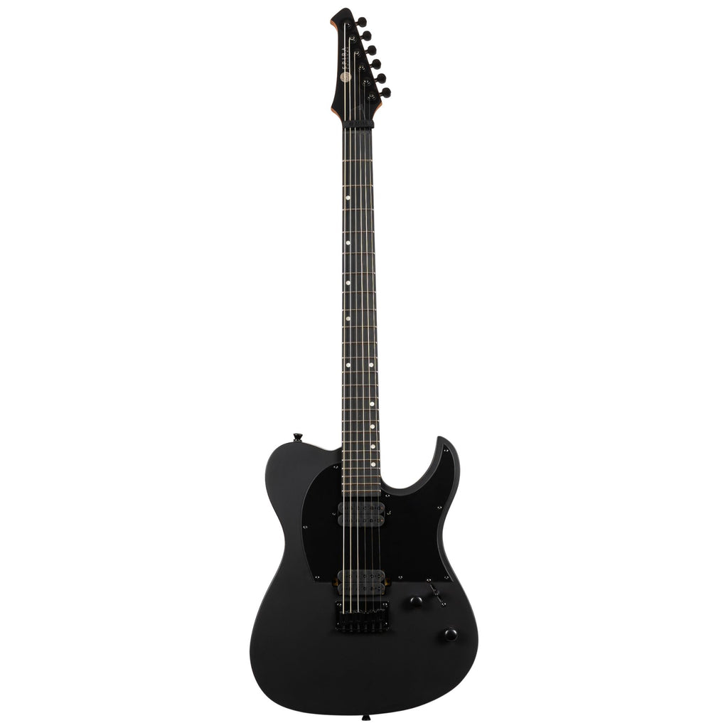 Spira T-400 Baritone electric guitar in satin black with a sleek finish and modern design, showcasing the instrument's body and neck.