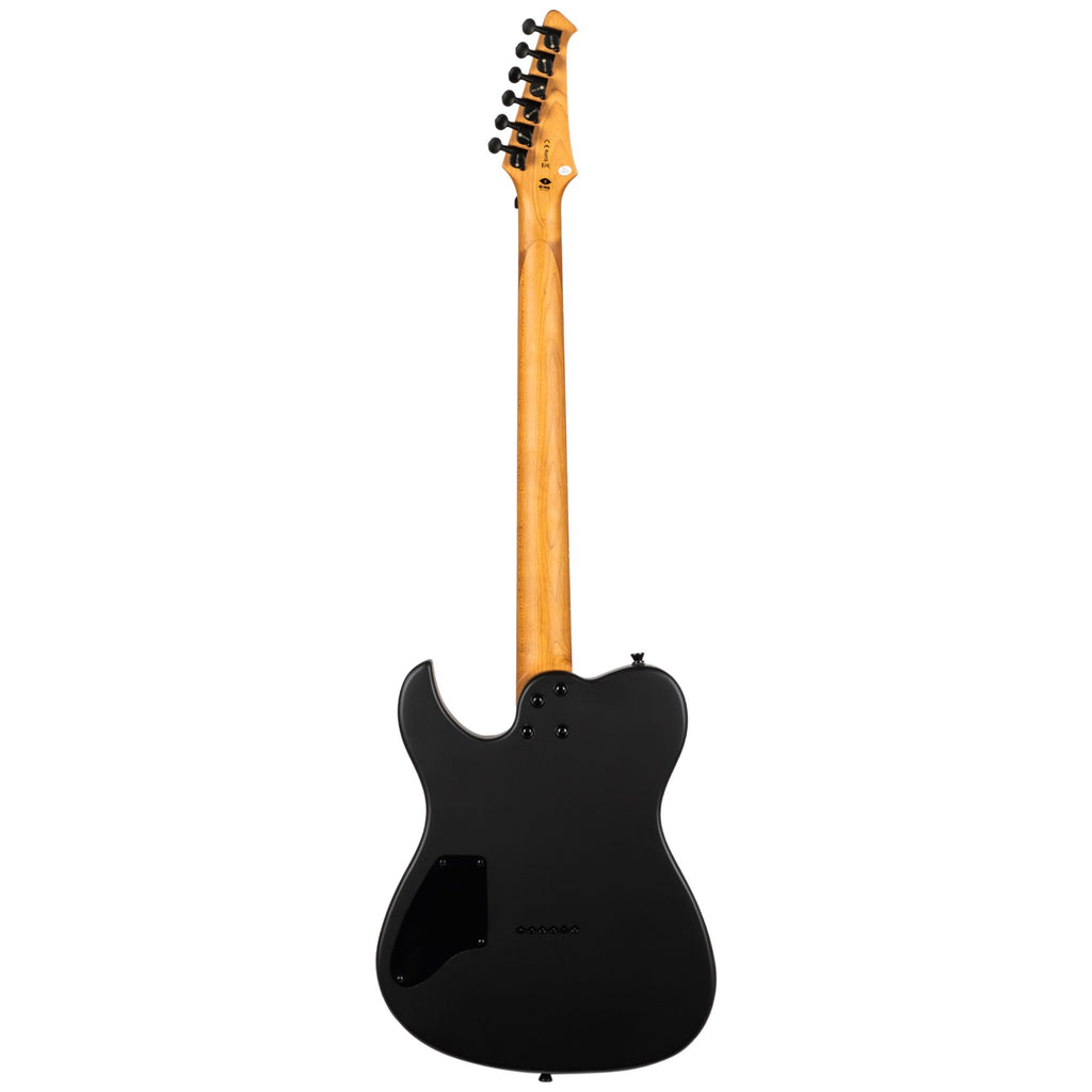 Spira T-400 Baritone electric guitar in satin black with a sleek body and chrome hardware, showcasing its modern design and pickups.