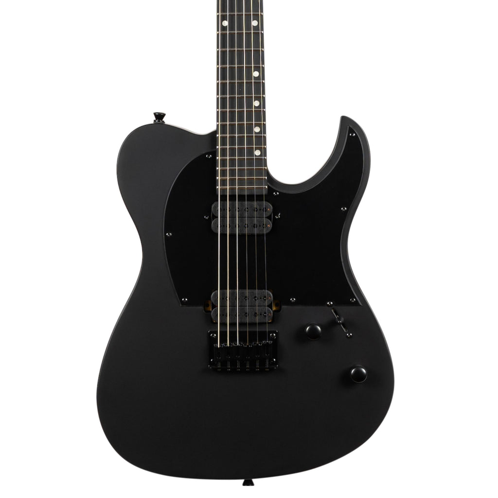 Spira T-400 Baritone electric guitar in satin black with a sleek body and modern design, showcasing its tuning pegs and pickups.