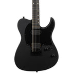 Spira T-400 Baritone electric guitar in satin black with a sleek body and modern design, showcasing its tuning pegs and pickups.