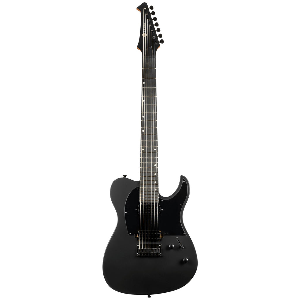 Spira T-407-MBK electric guitar in satin black with a sleek body and six strings, showcasing the guitar's modern design and hardware.
