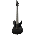 Spira T-407-MBK electric guitar in satin black with a sleek body and six strings, showcasing the guitar's modern design and hardware.
