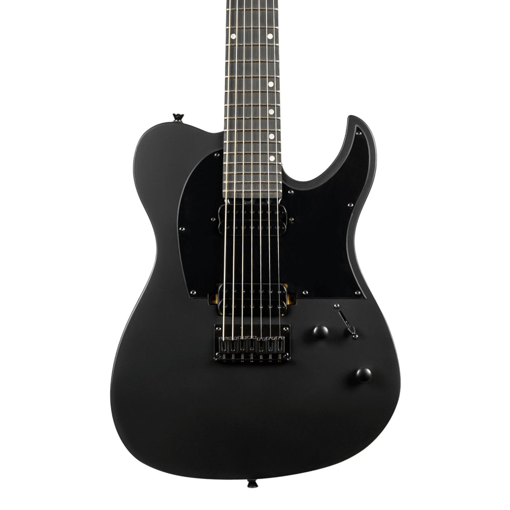 Spira T-407-MBK electric guitar in satin black with a sleek body and six strings, showcasing its modern design and hardware.