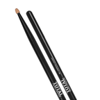 Total Percussion 5A drumsticks in black with wood tips, shown with one stick resting on a drum.
