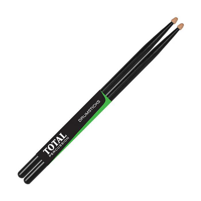 Total Percussion 5A drumsticks in black with wood tips, shown in a close-up view for drumming and percussion playing.