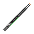 Total Percussion 5A drumsticks in black with wood tips, shown in a close-up view for drumming and percussion playing.