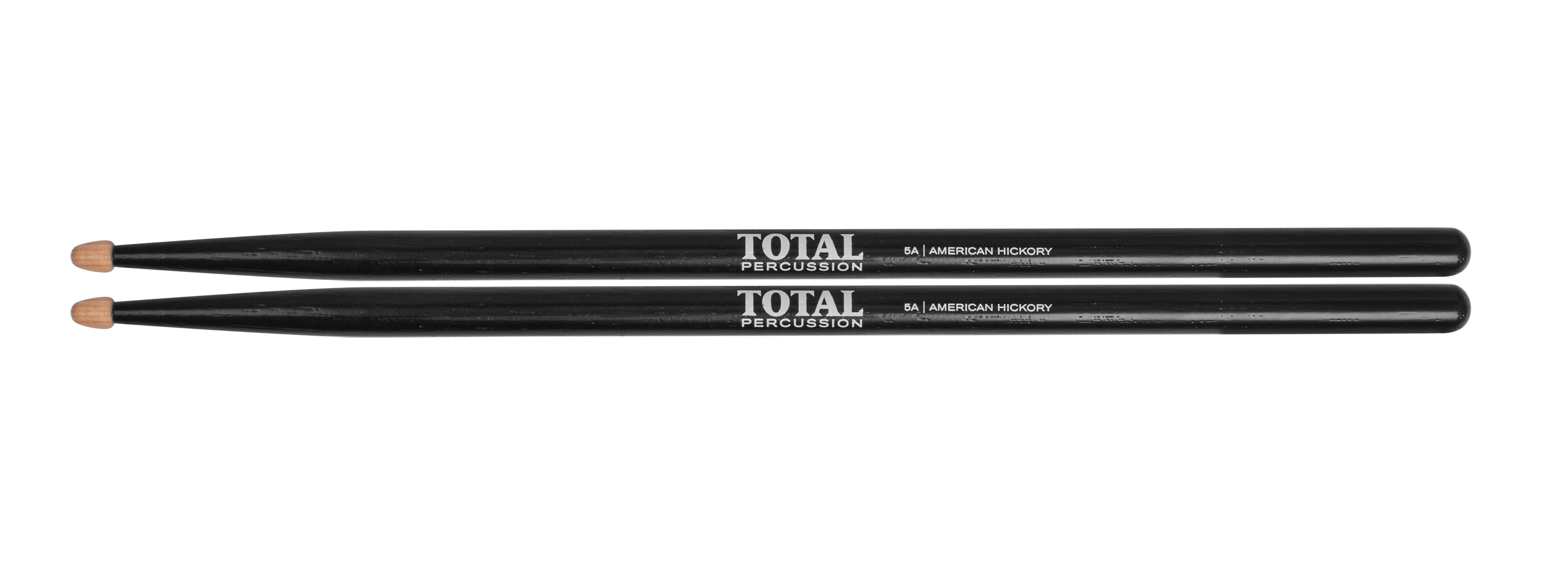 Total Percussion 5A drumsticks in black with wood tips, showing the sleek sticks suited for versatile drumming.