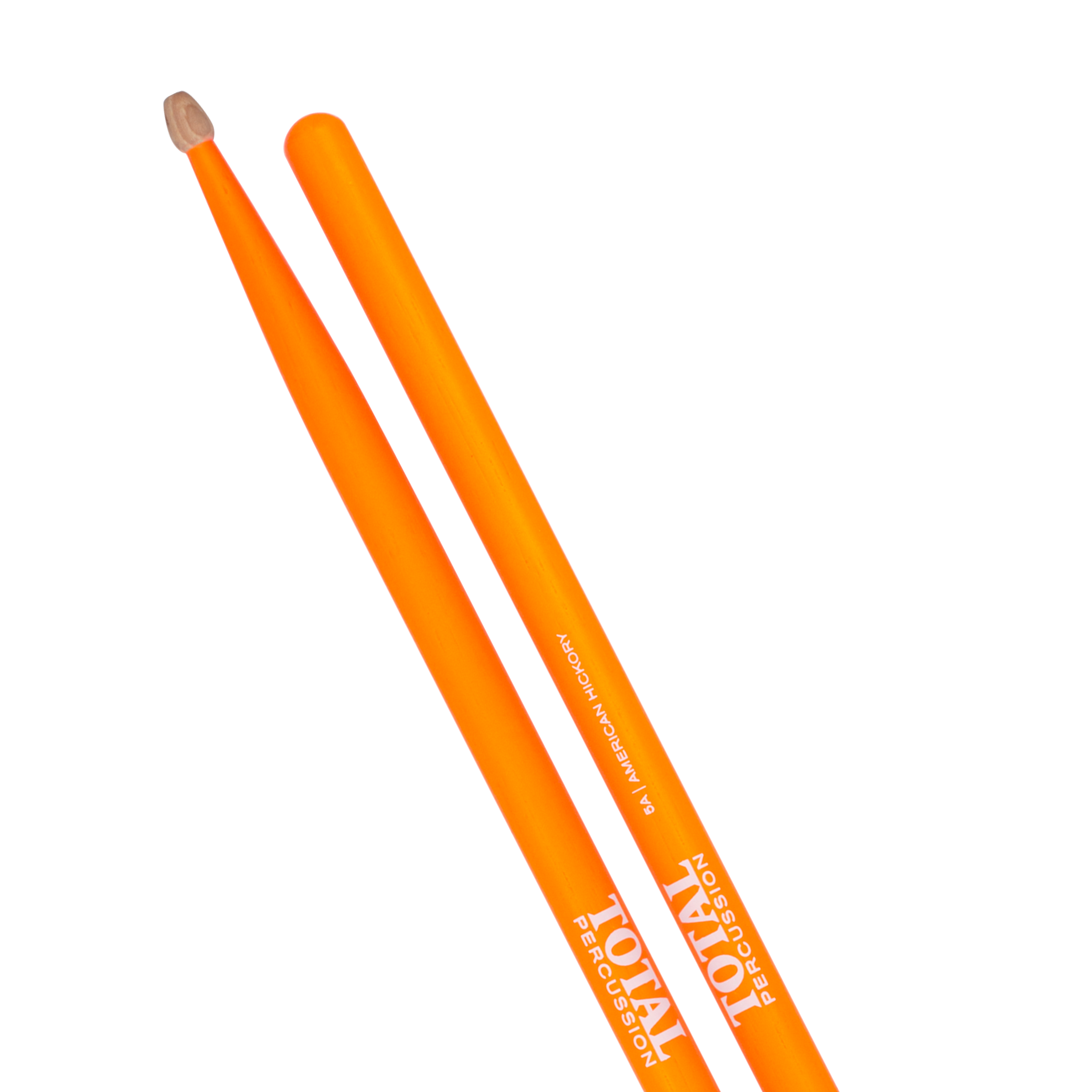 Total Percussion 5A wood tip drumsticks in fluoro orange, showing the bright orange finish and wood grain detail.