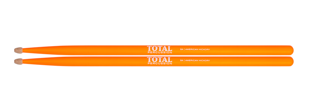 Total Percussion 5A wood tip drumsticks in vibrant fluro orange, designed for drumming and percussion playing.